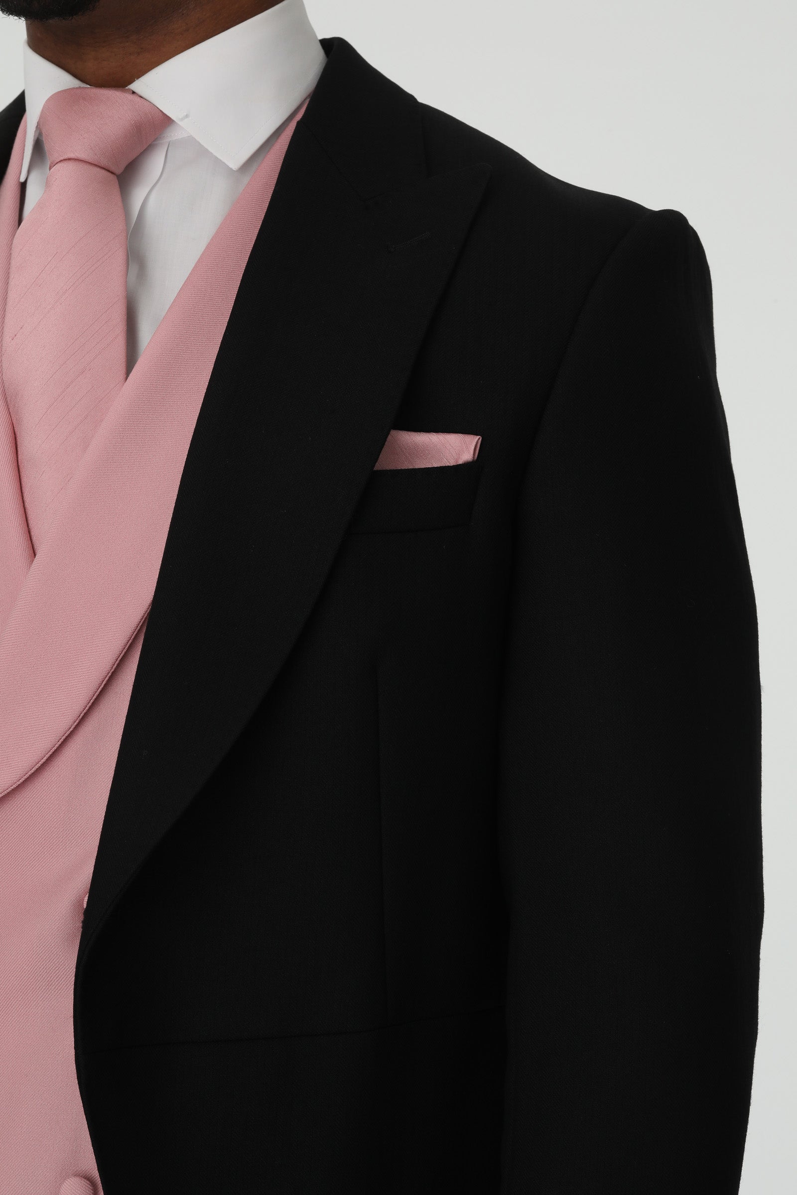 Black Tailcoat, Pink Waistcoat & Grey Stripe Trousers Hire Package with Top Hat