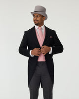 Black Tailcoat, Pink Waistcoat & Grey Stripe Trousers Hire Package with Top Hat