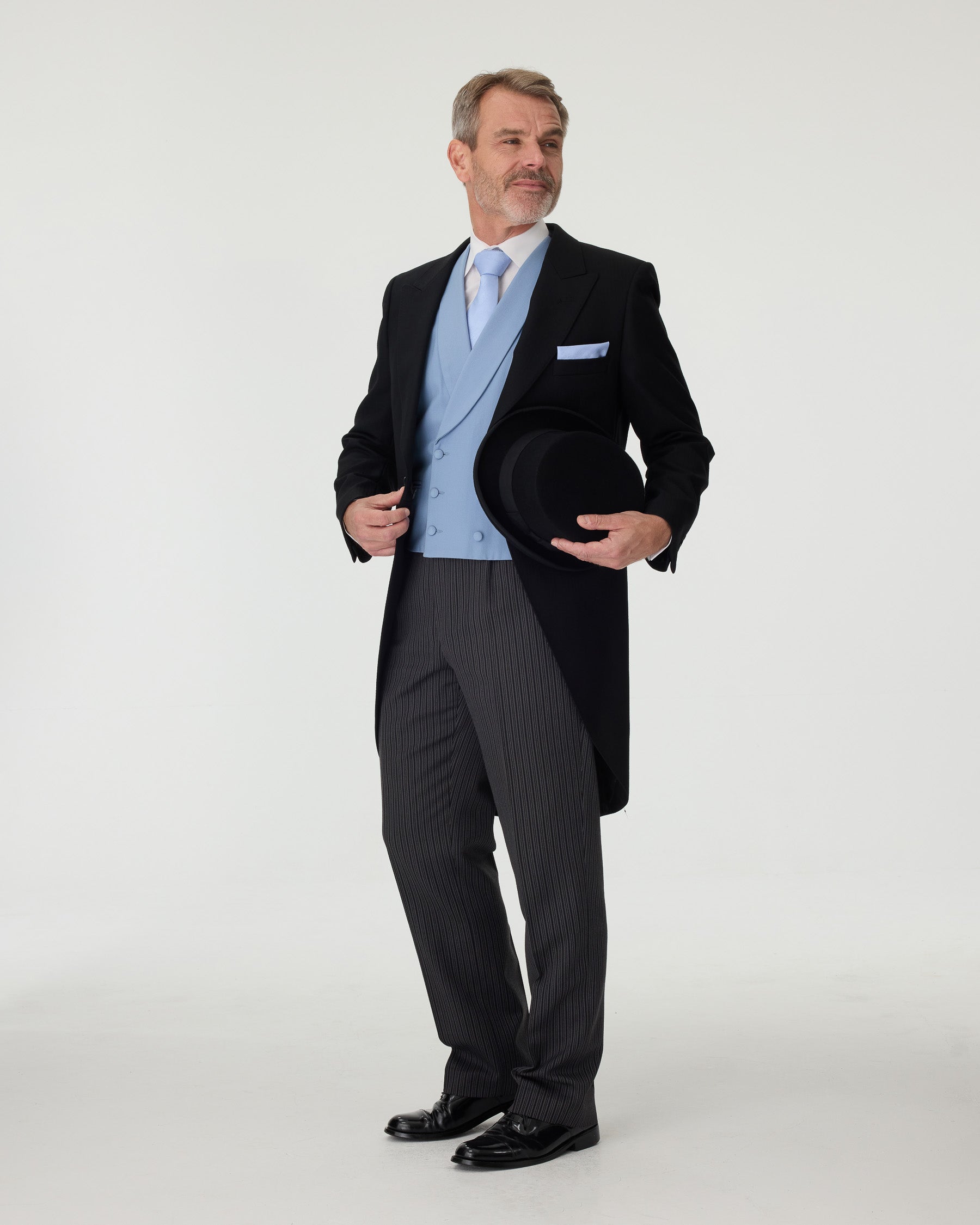 Black Tailcoat, Blue Waistcoat & Grey Stripe Trousers Hire Package with Top Hat