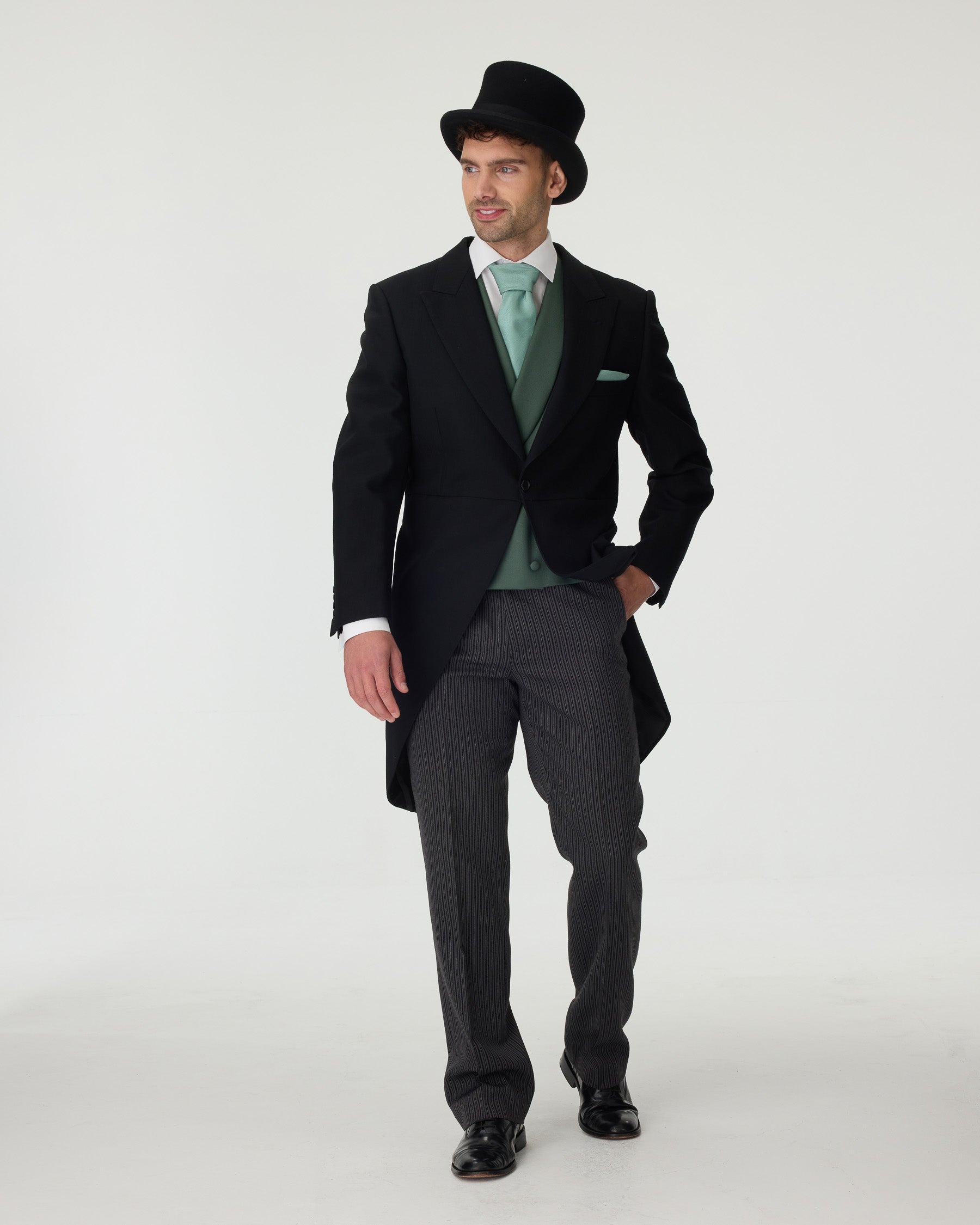Black Tailcoat, Green Waistcoat & Grey Stripe Trousers Hire Package with Top Hat
