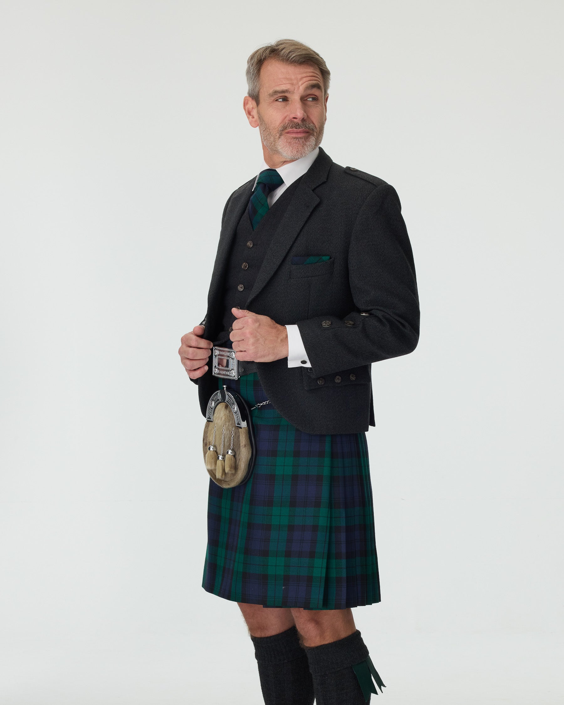 Charcoal Tweed Jacket & Black Watch Kilt Hire Package