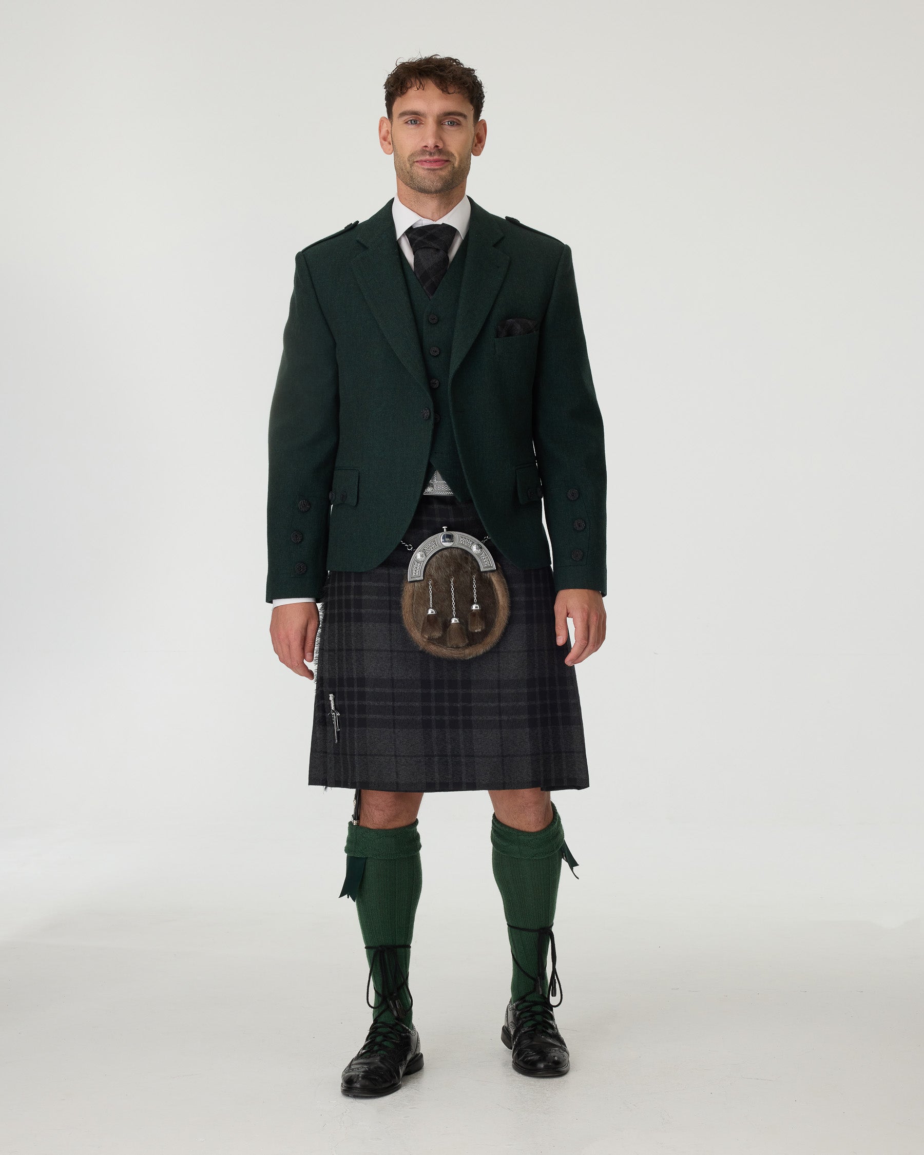 Green Tweed Jacket & Grey Spirit Kilt Hire Package