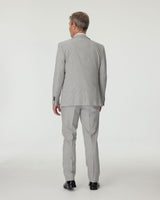 Man wearing a gray checkered suit on a white background