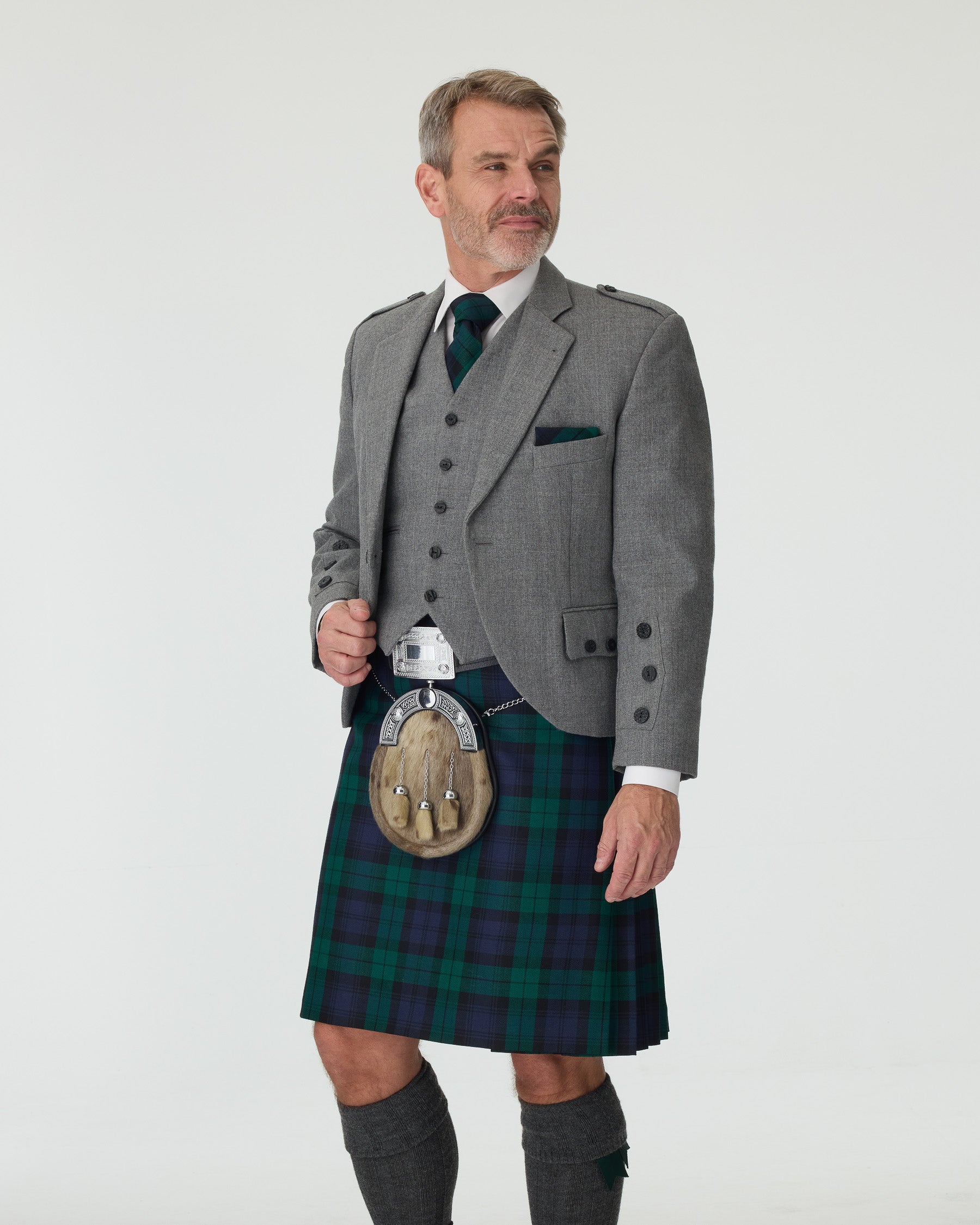 Light Grey Tweed Jacket & Black Watch Kilt Hire Package