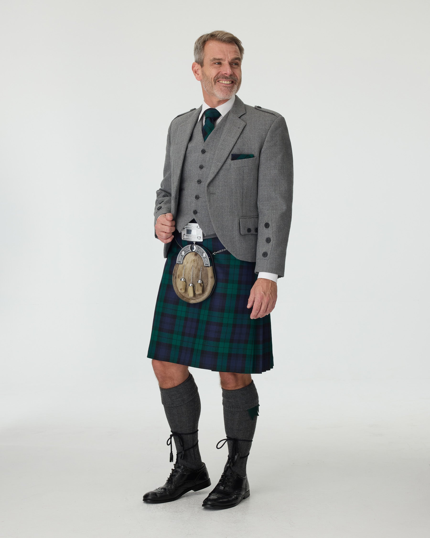 Light Grey Tweed Jacket & Black Watch Kilt Hire Package