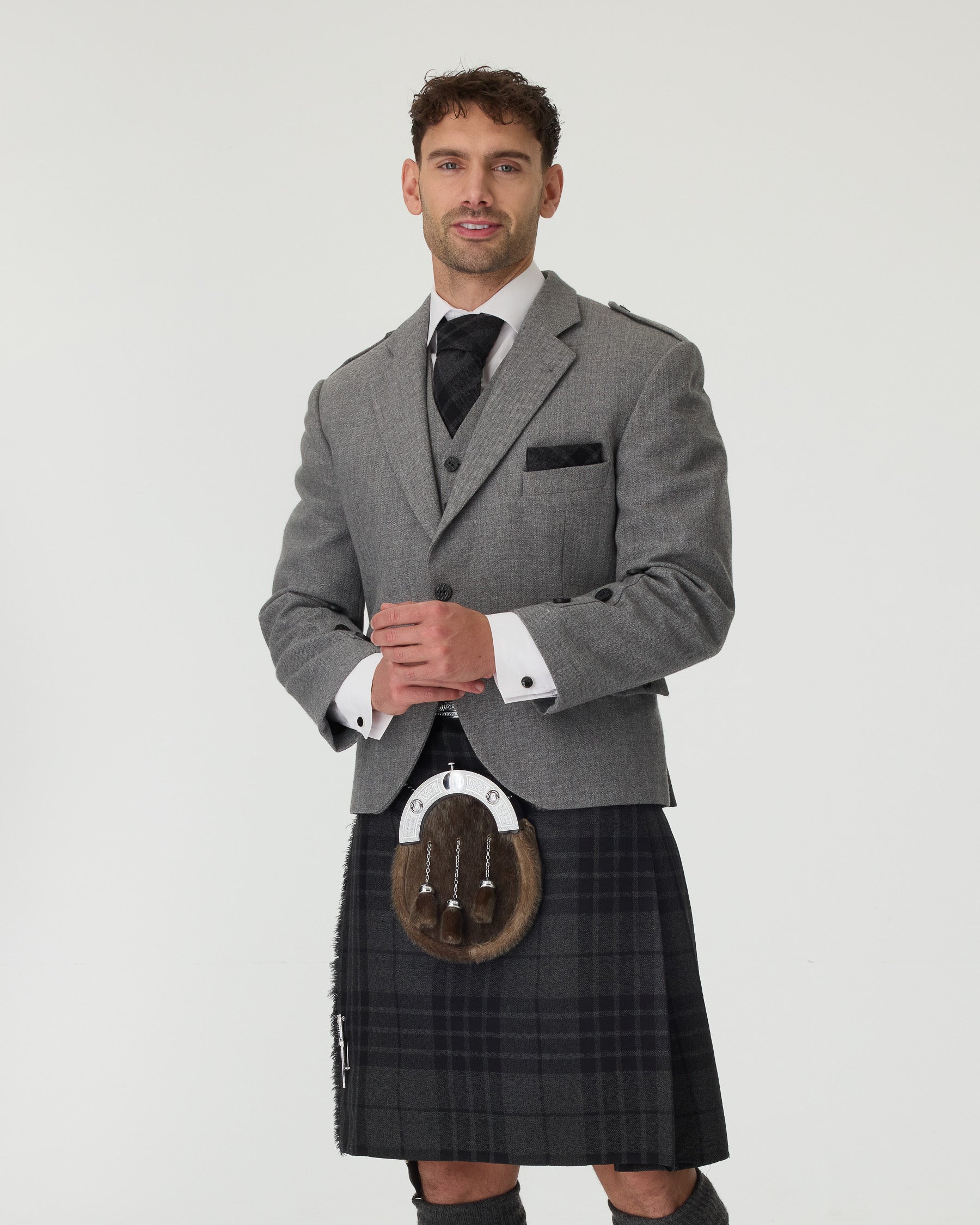 Light Grey Tweed Jacket & Grey Spirit Kilt Hire Package