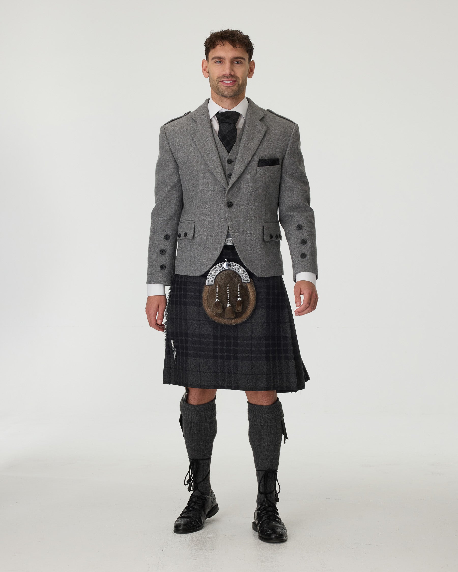 Light Grey Tweed Jacket & Grey Spirit Kilt Hire Package
