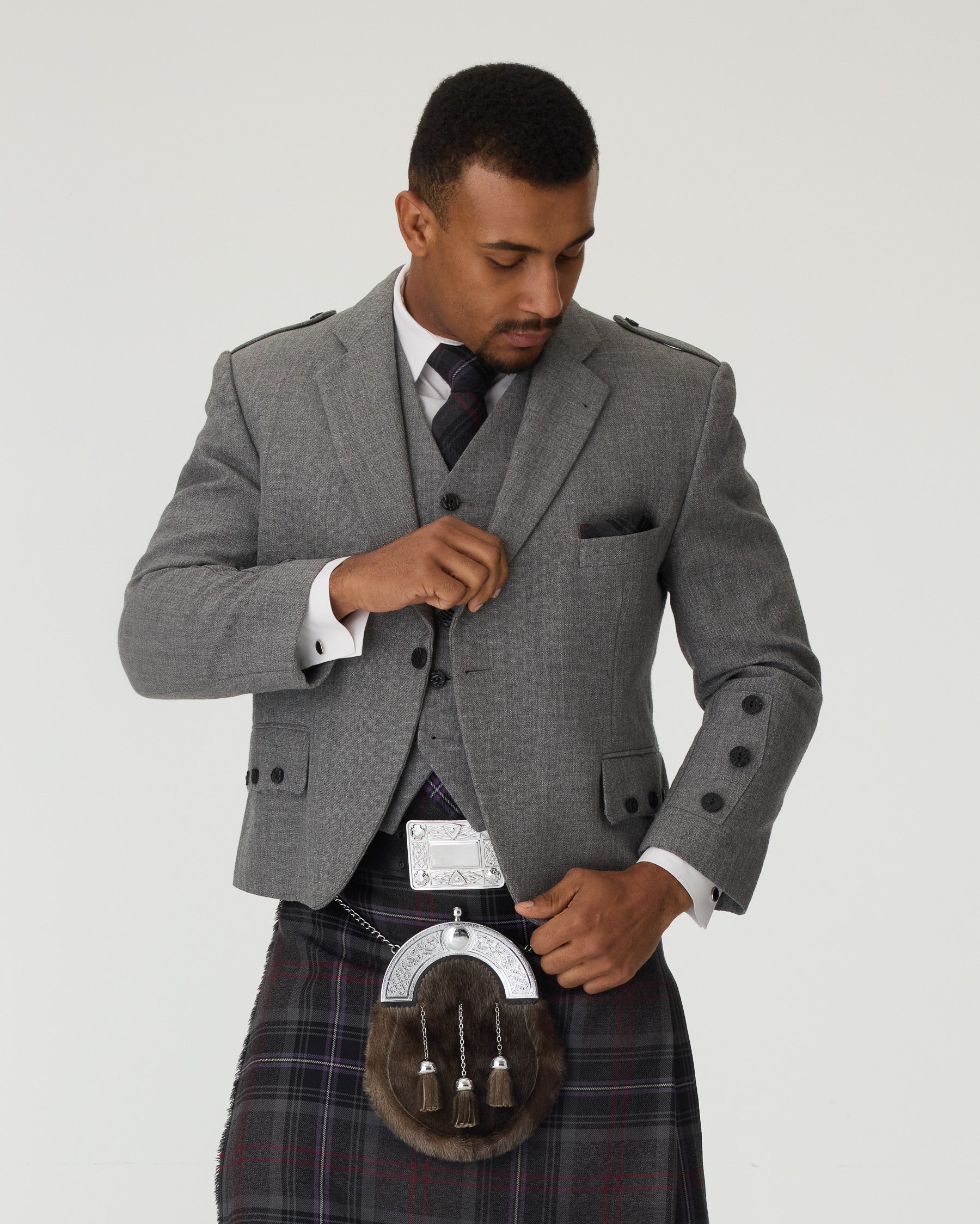 Light Grey Tweed Jacket & Scottish Spirit Kilt Hire Package