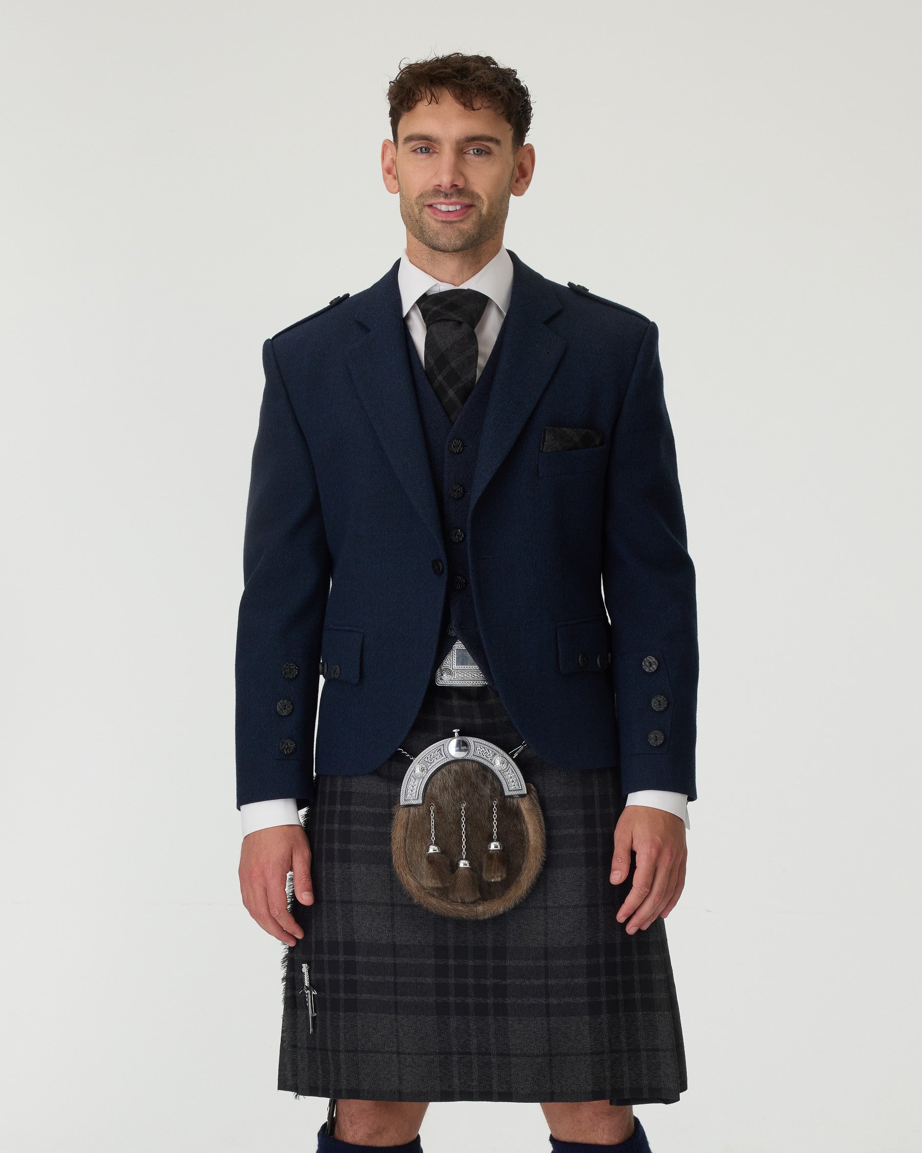 Navy Tweed Jacket & Grey Spirit Kilt Hire Package