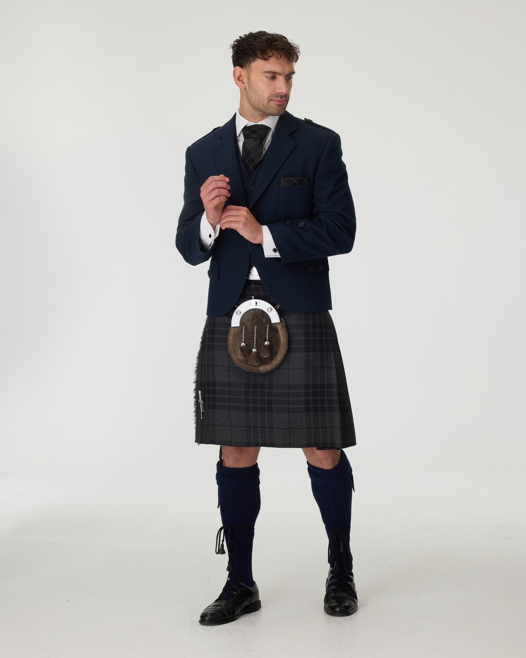 Navy Tweed Jacket & Grey Spirit Kilt Hire Package