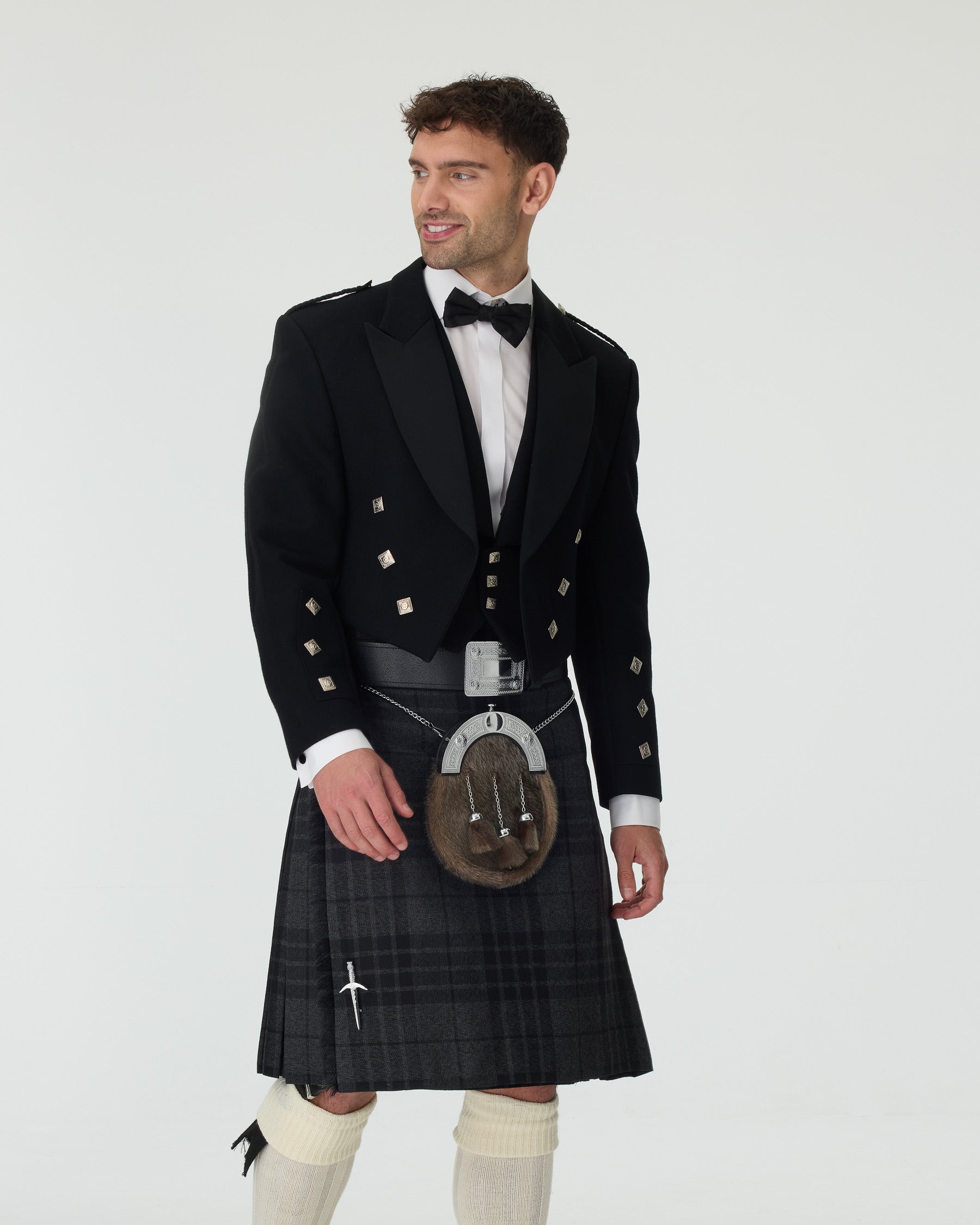Prince Charlie Jacket & Grey Spirit Kilt Hire Package