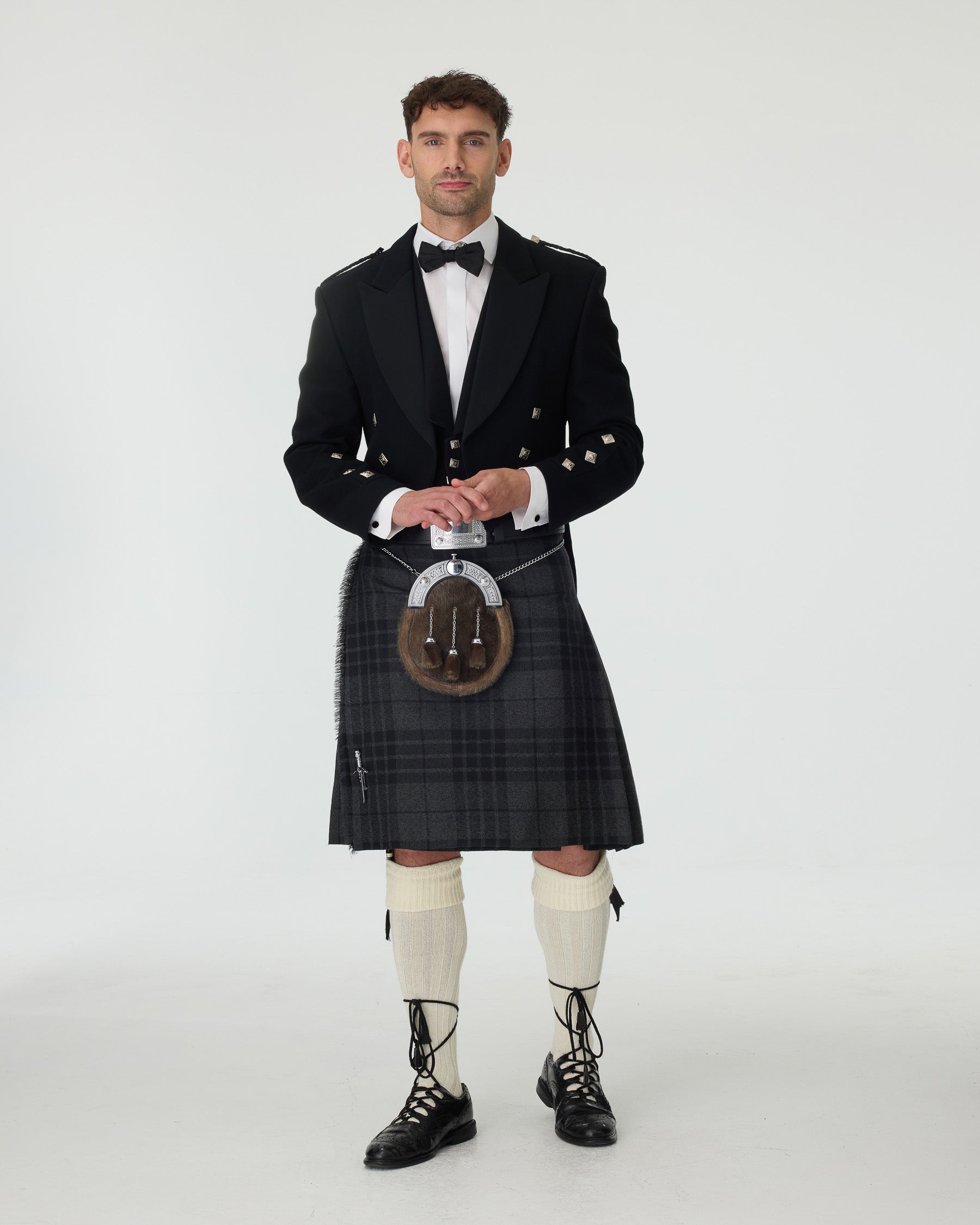 Prince Charlie Jacket & Grey Spirit Kilt Hire Package