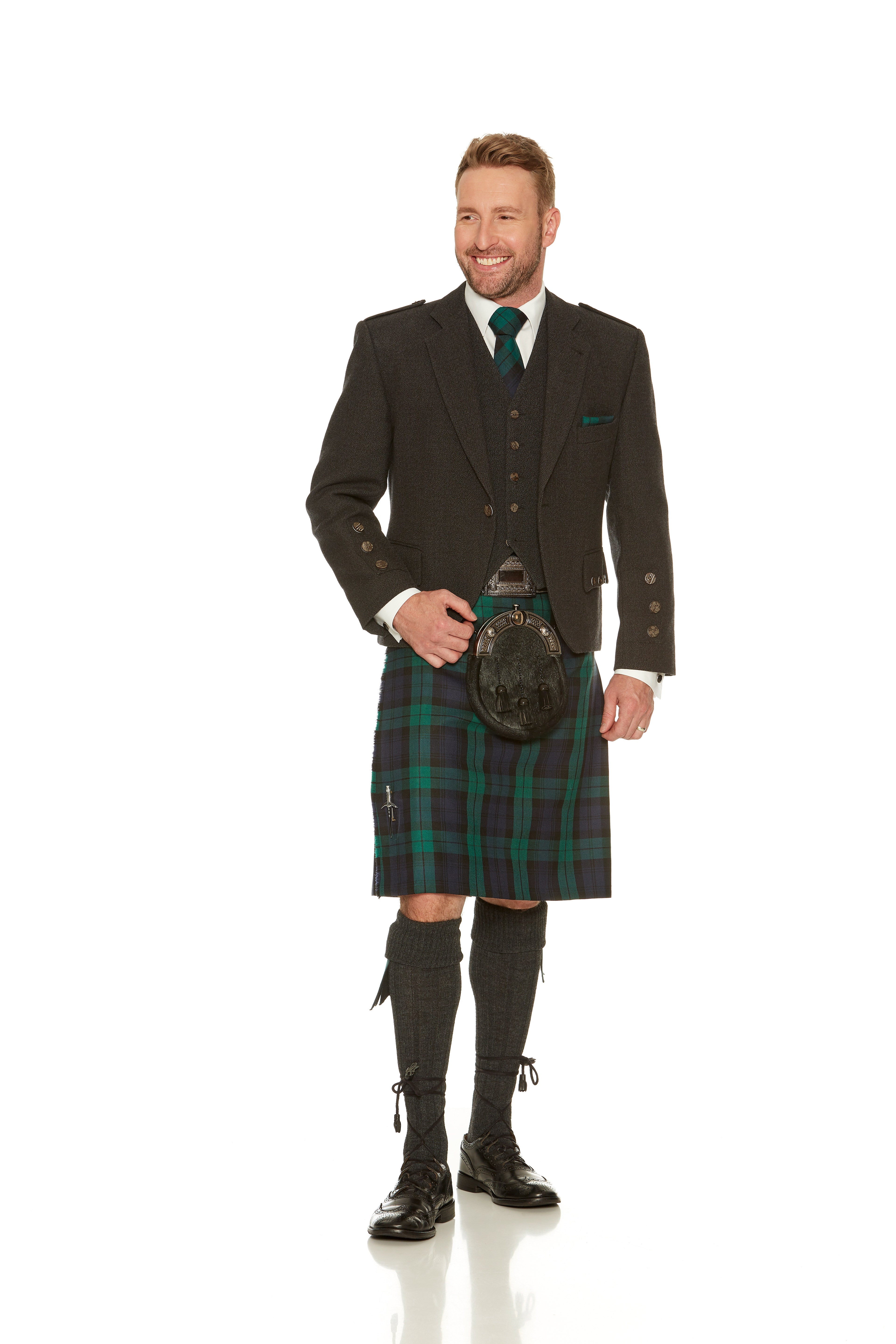 Charcoal Tweed Jacket & Black Watch Kilt Hire Package for men. Ideal for weddings, proms, or Highlandwear events. 