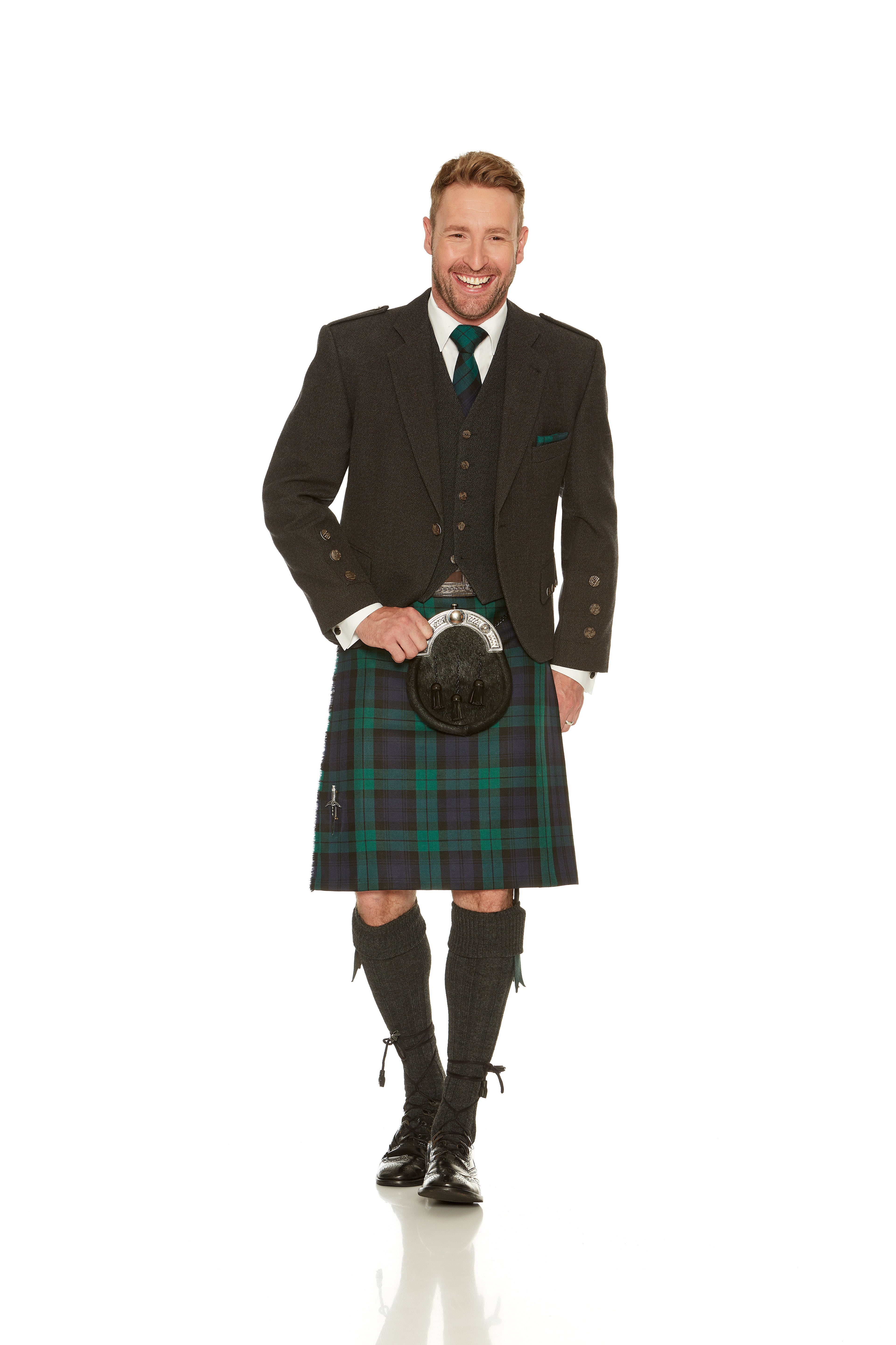 Charcoal Tweed Jacket & Black Watch Kilt Hire Package for men. Ideal for weddings, proms, or Highlandwear events. 