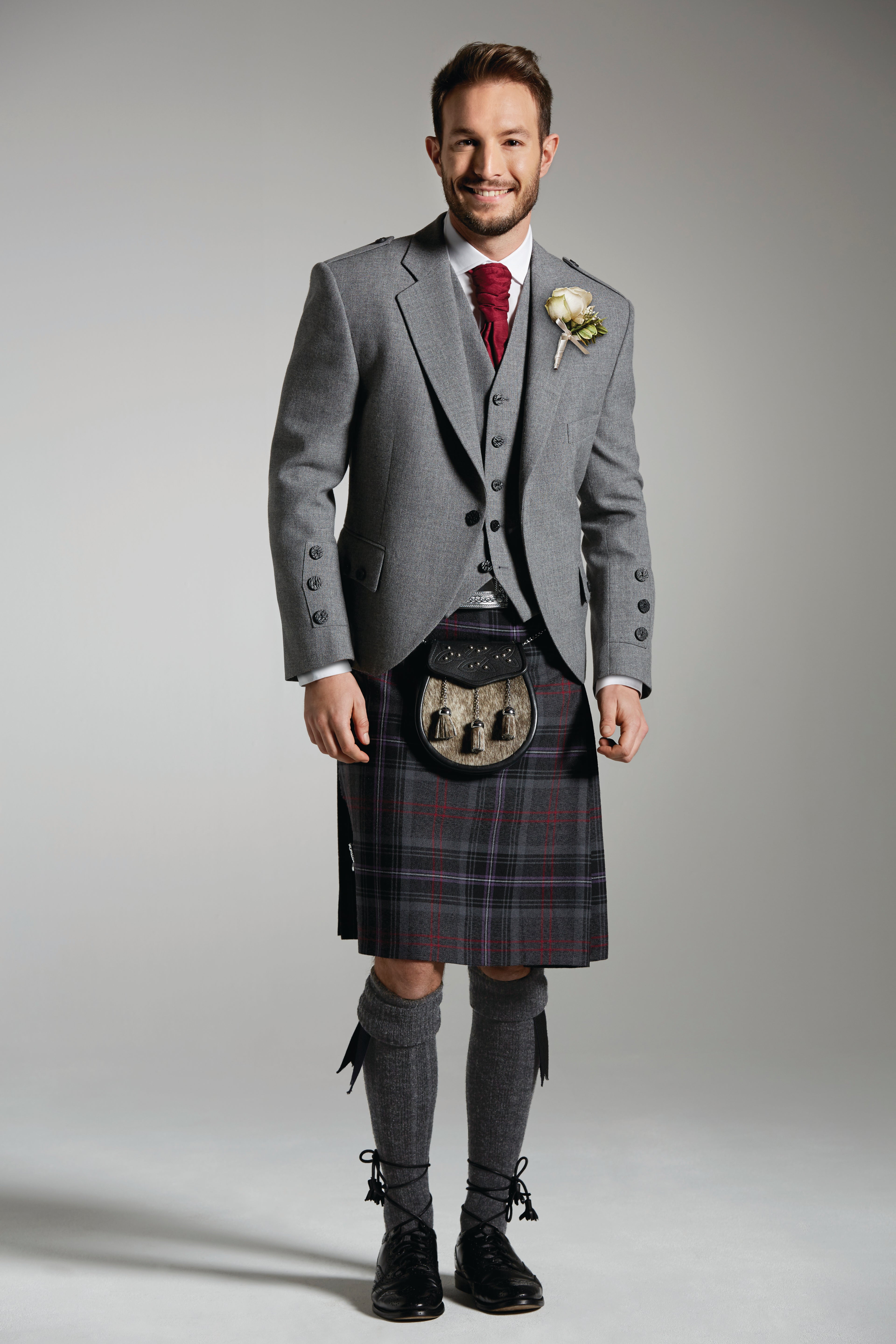 Light Grey Tweed Jacket & Scottish Spirit Kilt Hire Package for men. Ideal for weddings, proms, or Highlandwear events. 