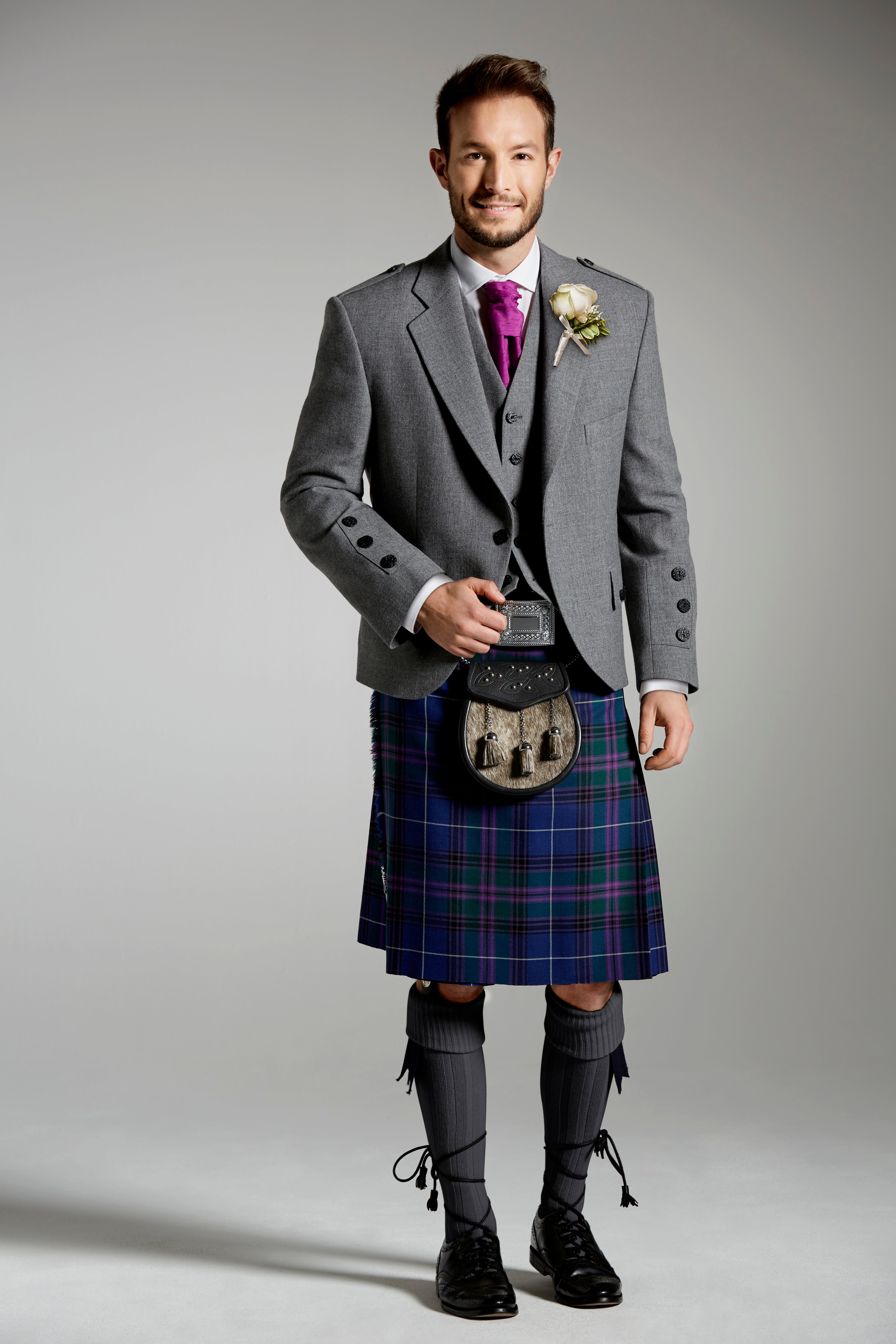 Light Grey Tweed Jacket & Spirit of Bannockburn Kilt Hire Package for men. Ideal for weddings, proms, or Highlandwear events.