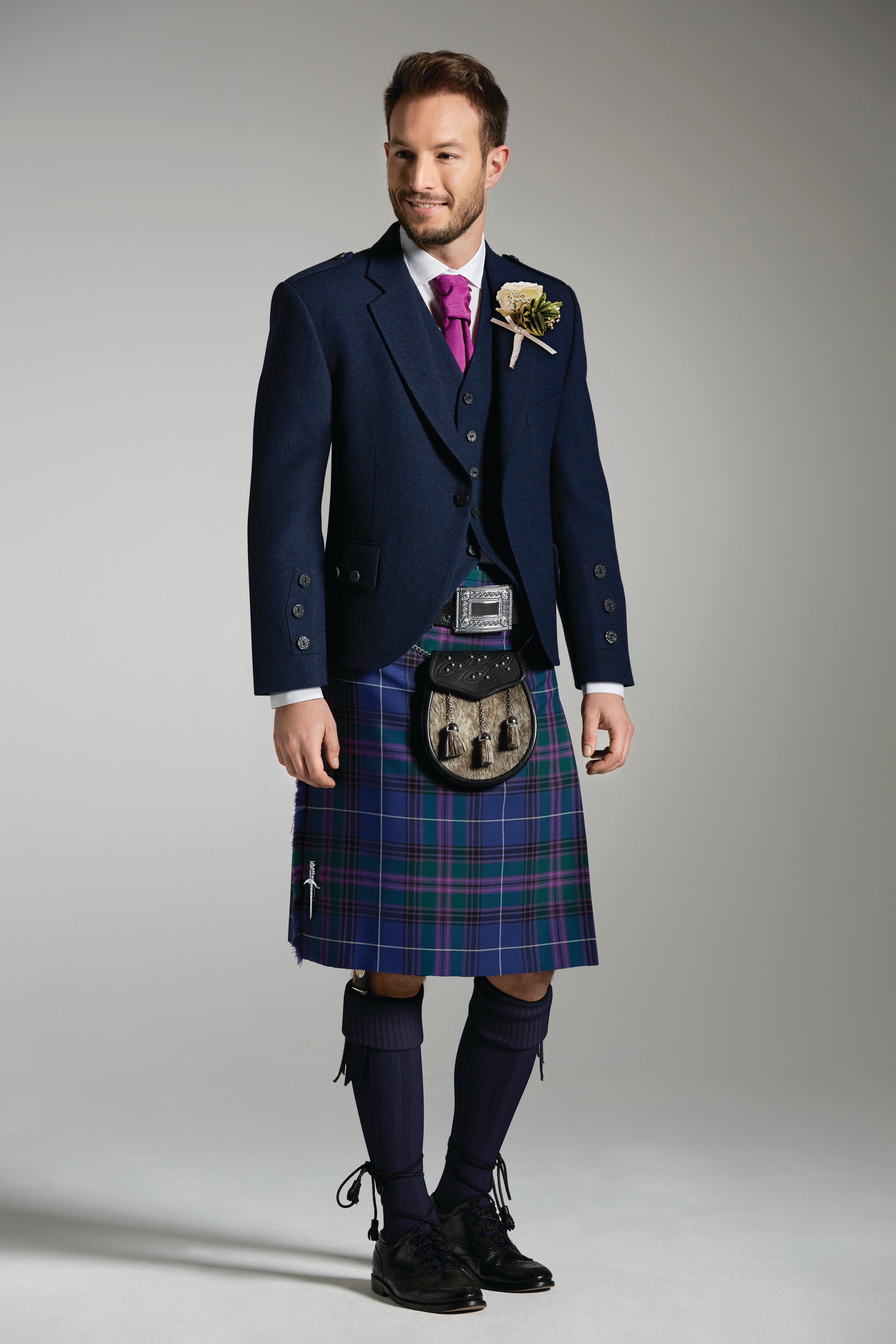 Navy Tweed Jacket & Spirit of Bannockburn Kilt Hire Package for men. Ideal for weddings, proms, or Highlandwear events.
