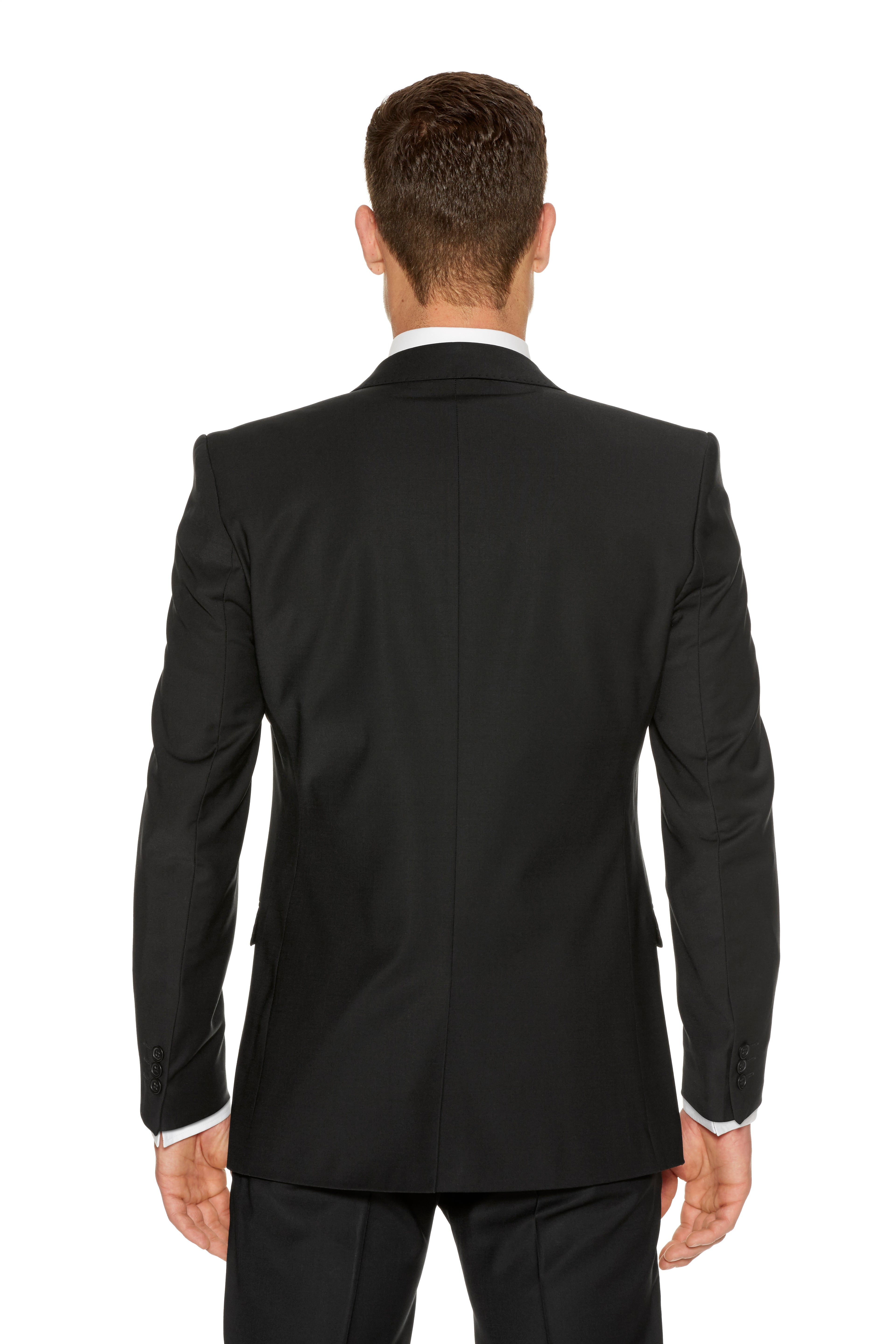 Back view of black slim fit men’s suit available for hire.