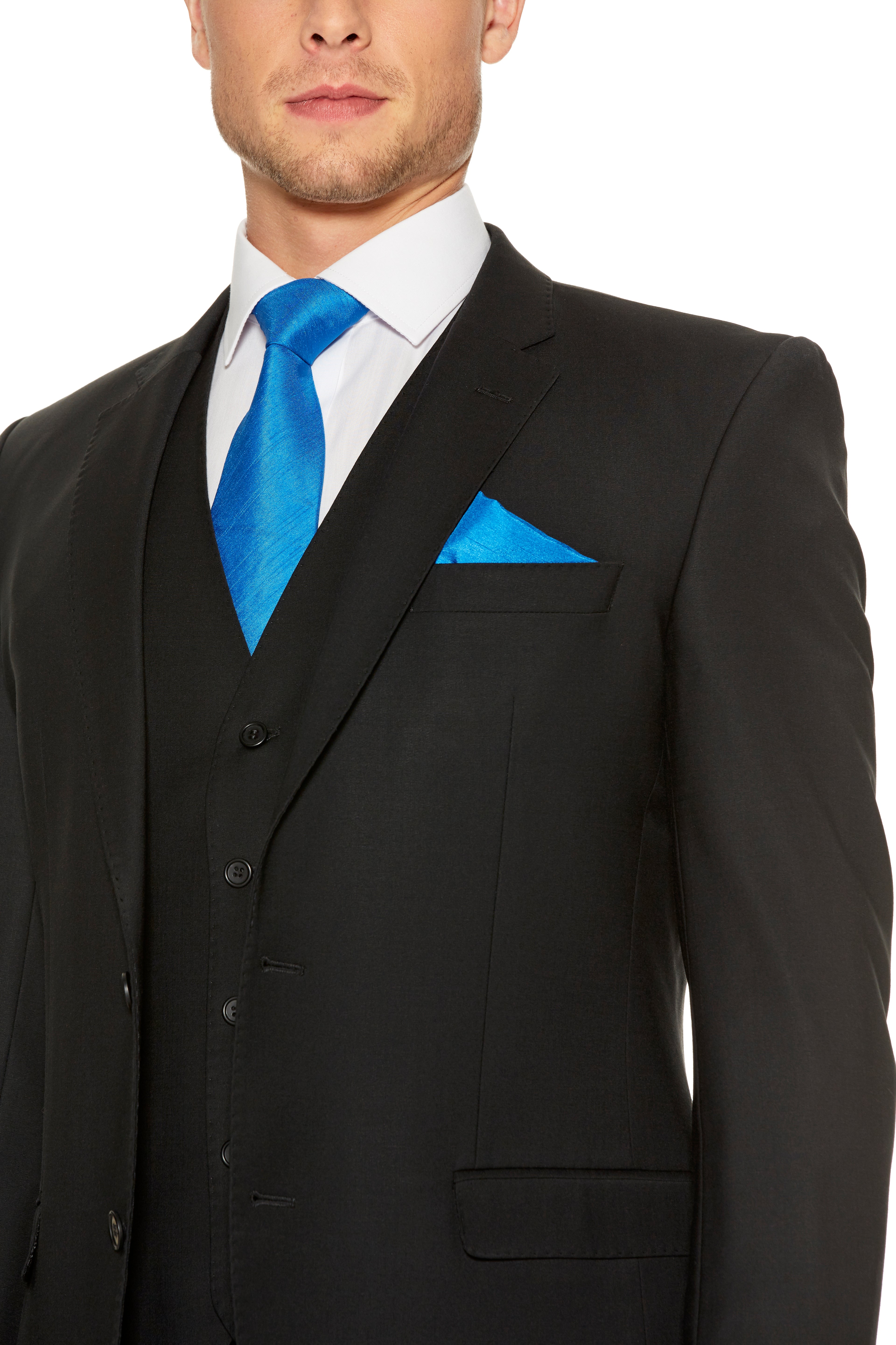 Close-up of blue tie and pocket square on black slim fit suit jacket.