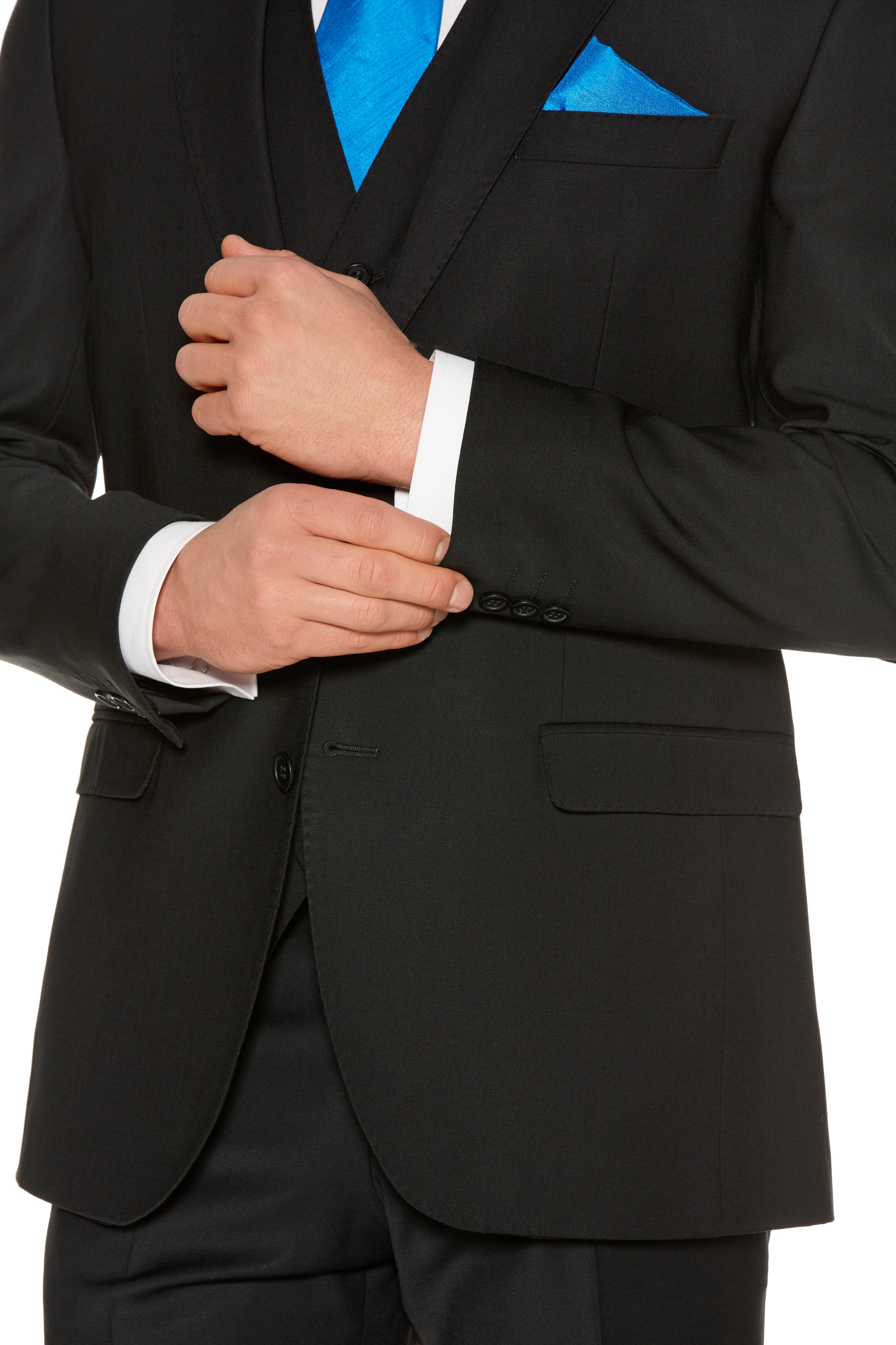Cuff button and sleeve detail on black slim fit suit jacket.