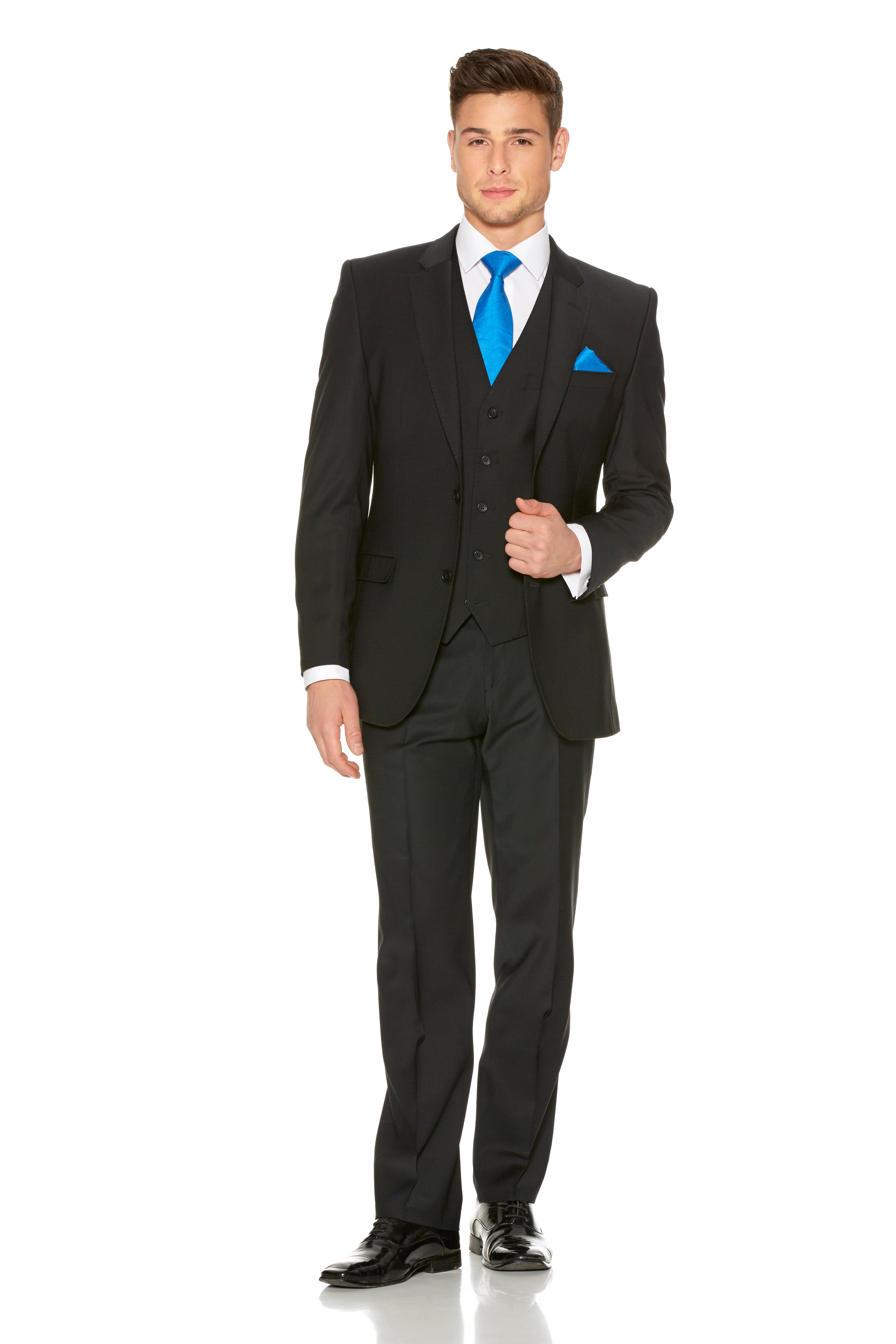 Full front view of black slim fit suit styled with blue tie and pocket square for hire.