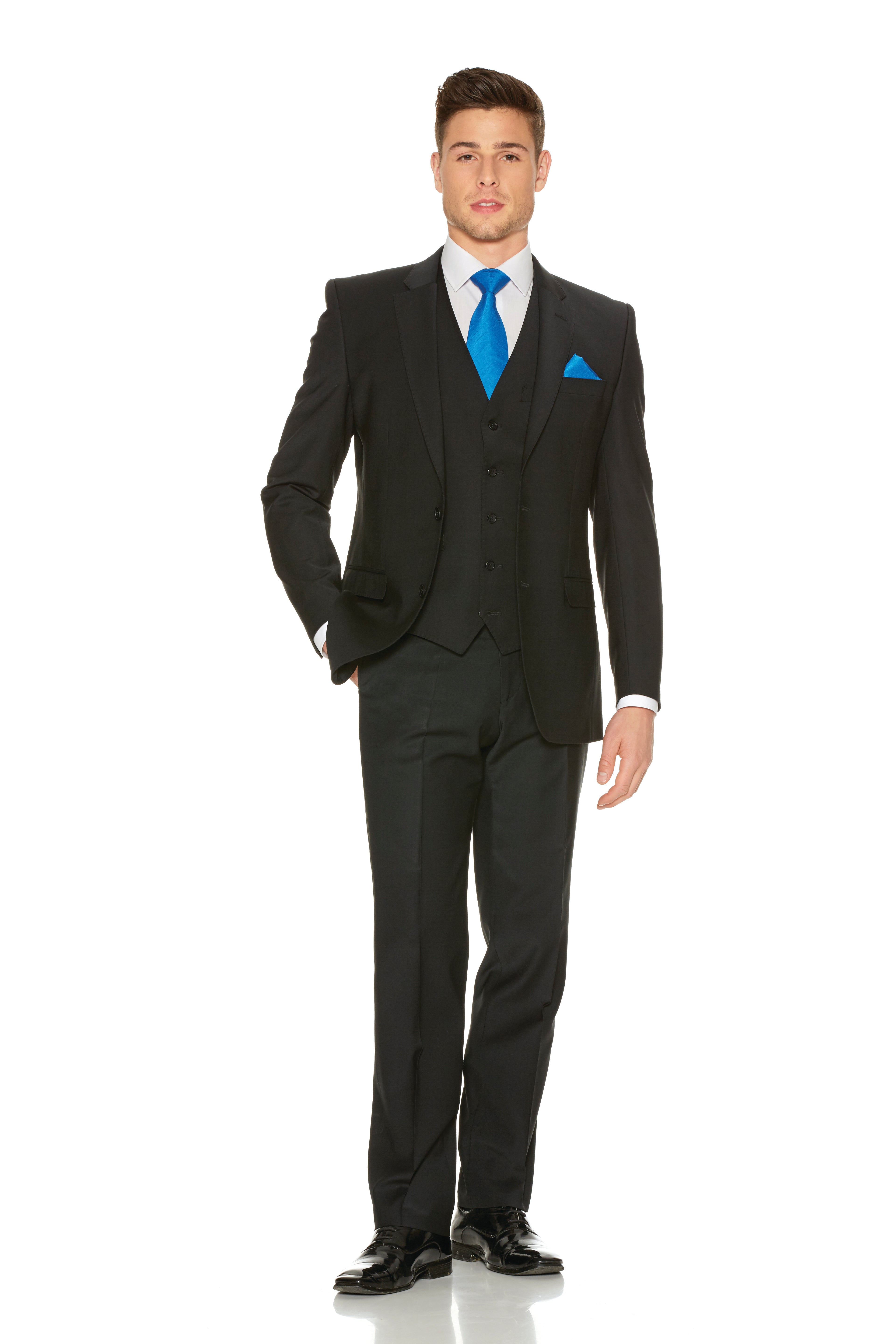 Full front view of black slim fit suit styled with blue tie and pocket square for hire.