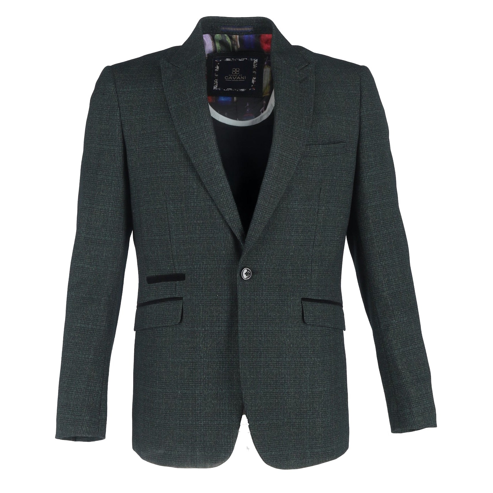 A dark green jacket with a peak lapel, chest pockets, and a visible brand label inside the collar.