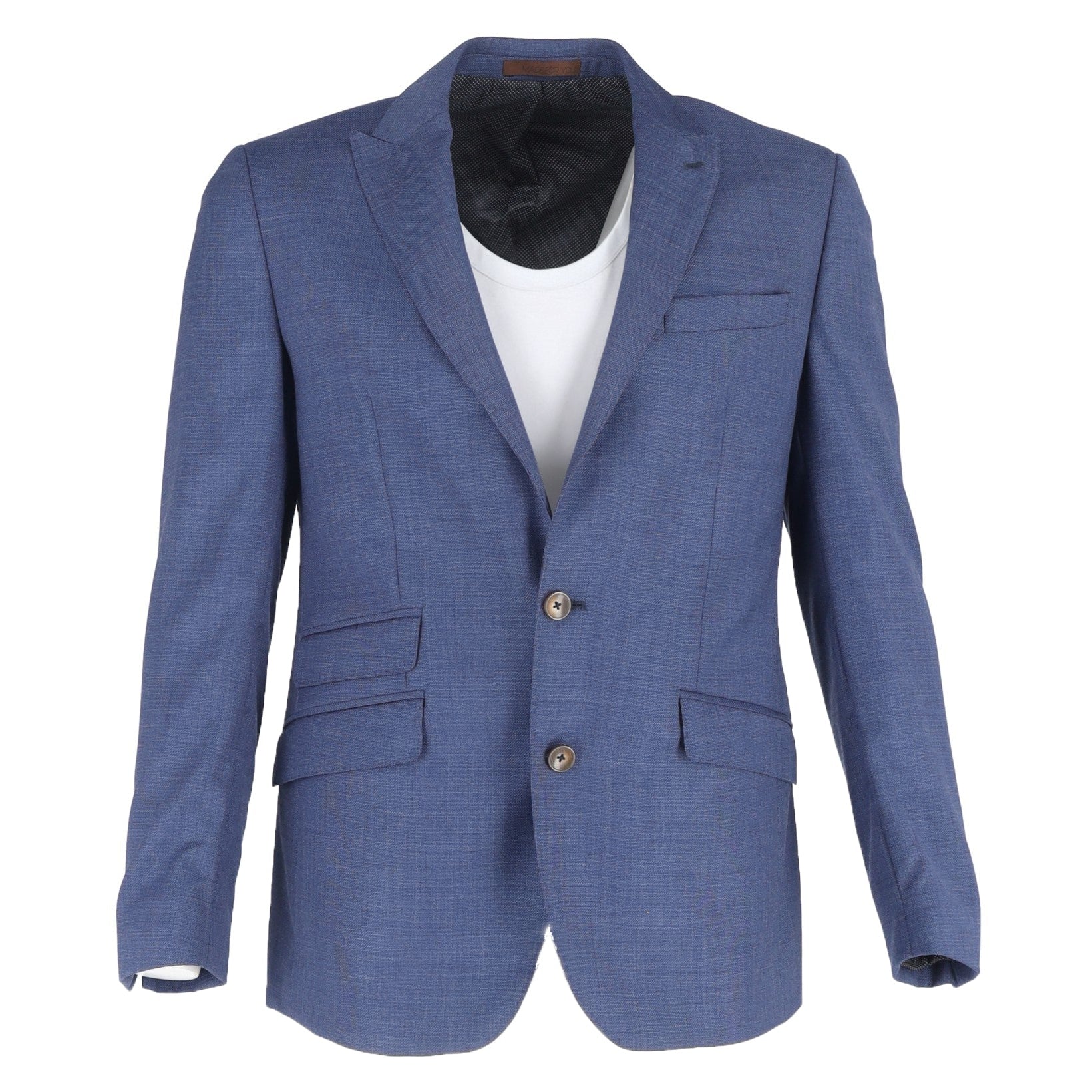 A blue slim fit Italian jacket with a notched lapel, featuring two front pockets and a button-up front.
