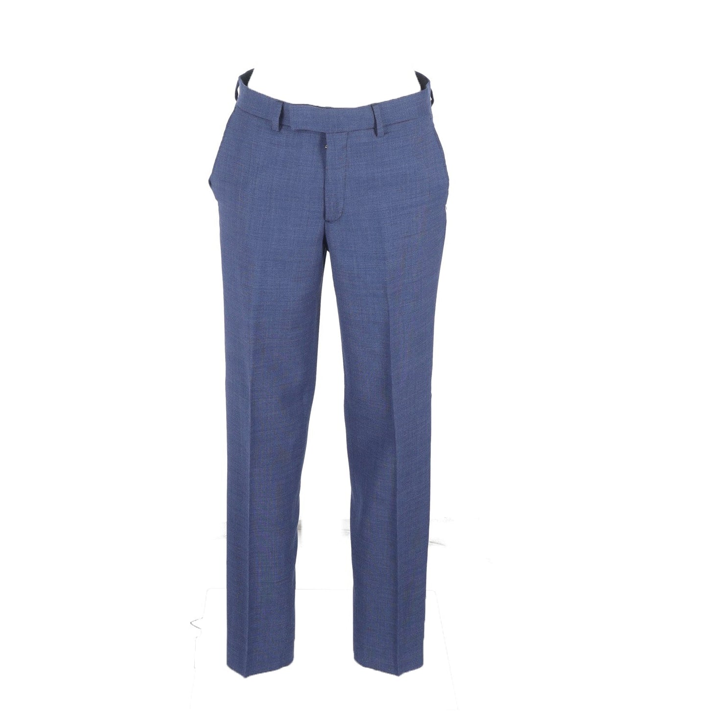 A pair of slim fit Italian blue trousers displayed against a white background.