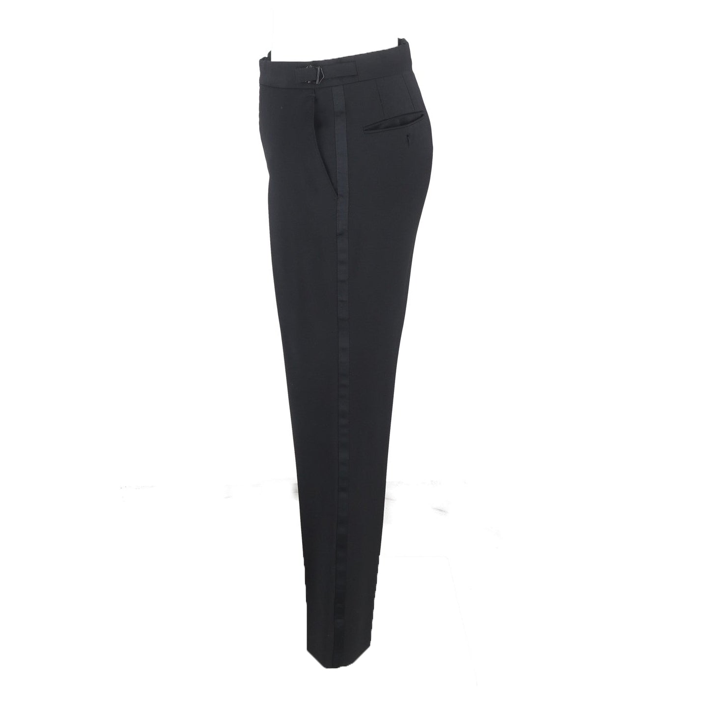A pair of slim fit black tuxedo trousers standing upright on a plain background.